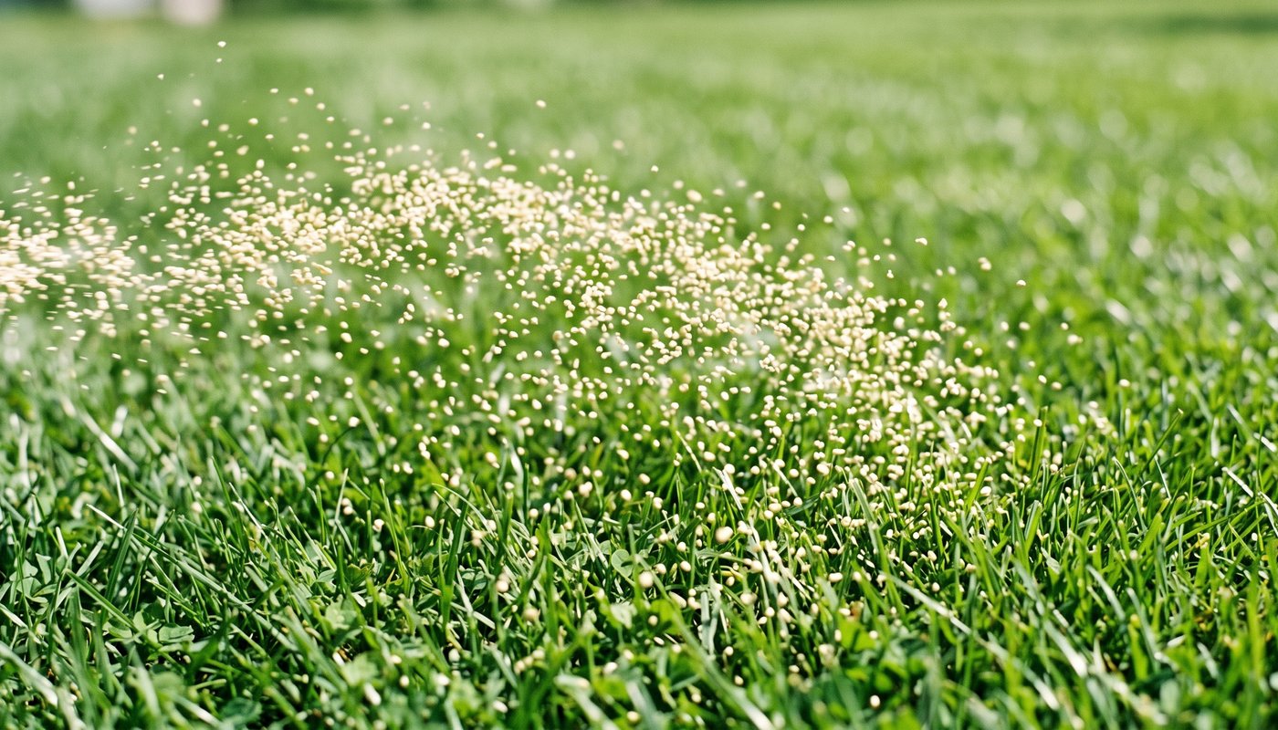 Granular fertilizer spread across healthy green grass