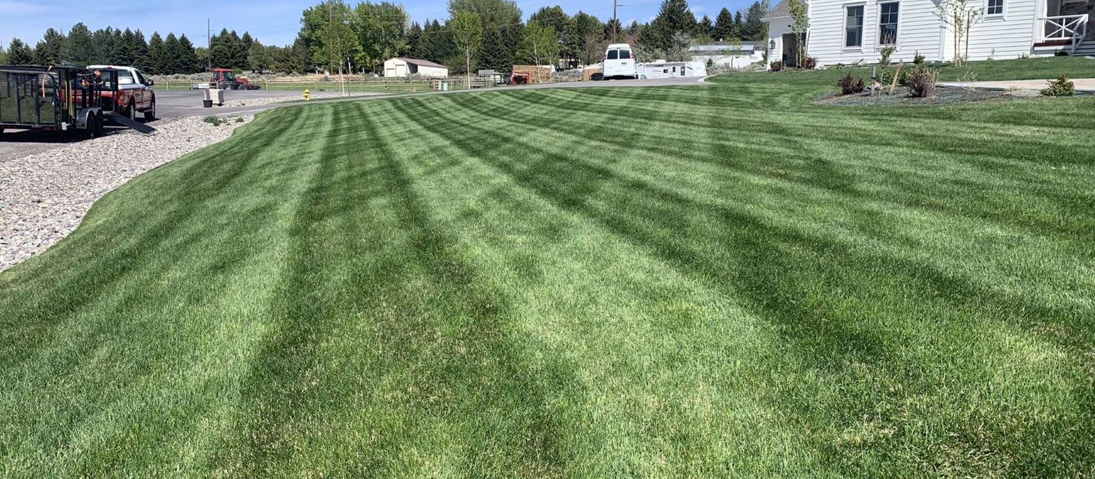 A freshly mowed Idaho Falls lawn with crisp mowing stripes under a blue sky