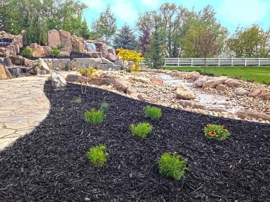 Freshly mulched planting bed with new shrubs along a foundation