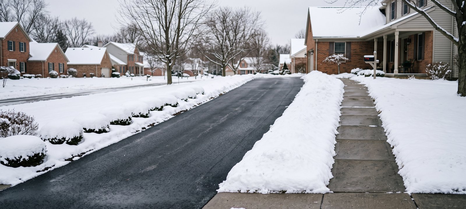 Snow-covered yard after fall winterization