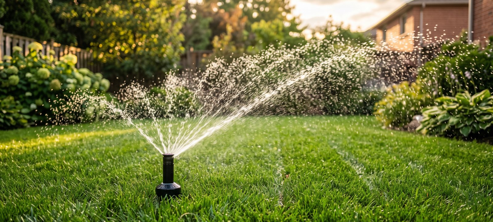 Sprinkler watering a lush green lawn at golden hour