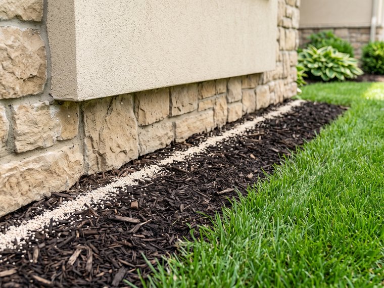 Pest-control barrier along a clean home foundation and lawn edge