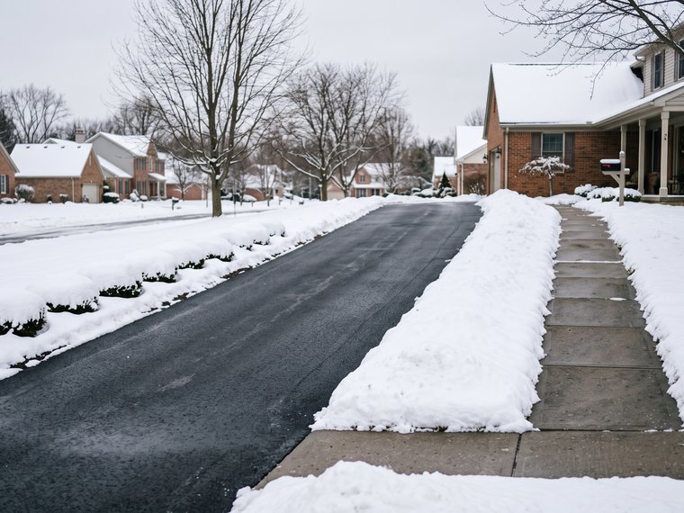 Cleanly plowed residential driveway after a snowfall