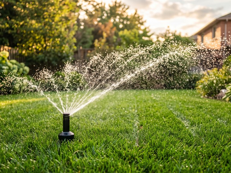 Pop-up sprinkler watering a green lawn